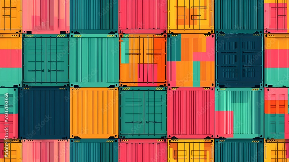 Fototapeta premium Seamless pattern of colorful shipping cargo containers stack in rows, Transport business. Global logistics import and export concept