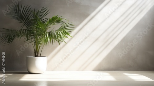 tropical palm plant in front of light wall  in the style of luminous shadows