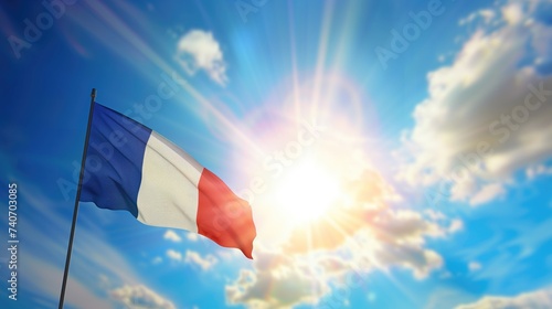 Waving flag of France on bright sunny day high in the blue sky with clouds and sun background as a symbol of freedom and independence day or Bastille Day on July 14 photo