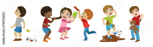 Angry Warring and Bullying Kids Fighting Vector Set