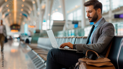 Businessman in a stylish gray business suit sitting at the airport using laptop next to the window at the airport waiting lounge. 