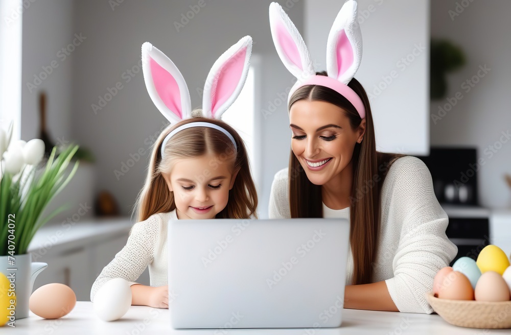 Φωτογραφία young happy mother and little cute children daughter girl wearing funny bunny ears headbands with painting eggs while sitting together on table have laptop computer