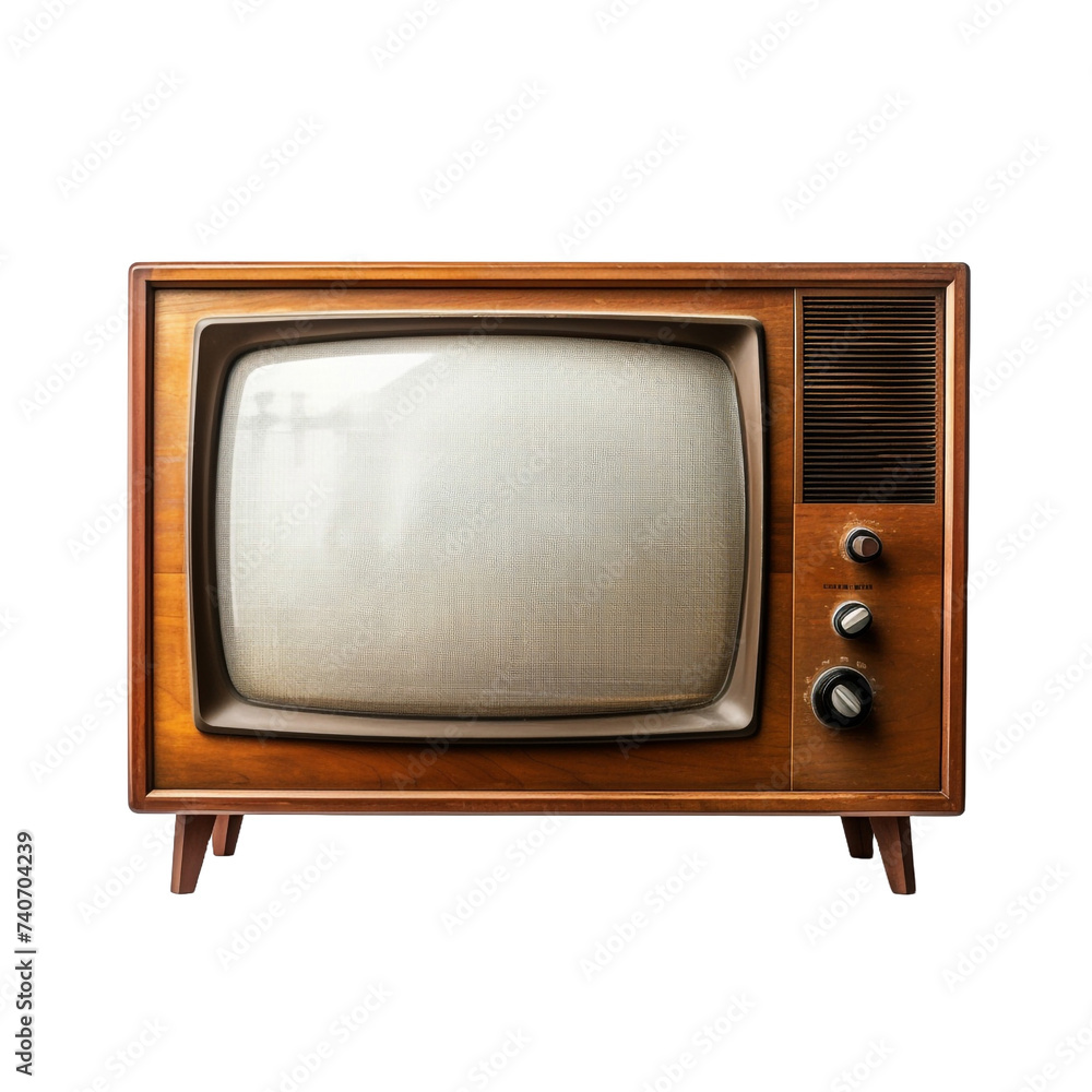 Old wooden tv with static screen isolated on transparent background