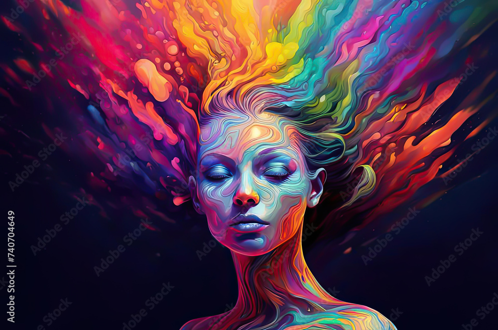 Fototapeta premium Portrait of a girl in psychedelic style with patterns of rainbow colors, colorful liquid background. Fantasy.