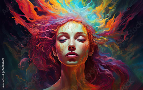 Portrait of a girl in psychedelic style with patterns of rainbow colors  colorful liquid background. Fantasy.