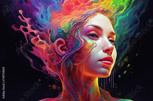 Portrait of a girl in psychedelic style with patterns of rainbow colors, colorful liquid background. Fantasy.