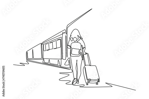 single one line drawing of woman go traveling by train. all about station and train activity. Simple line, train activity.