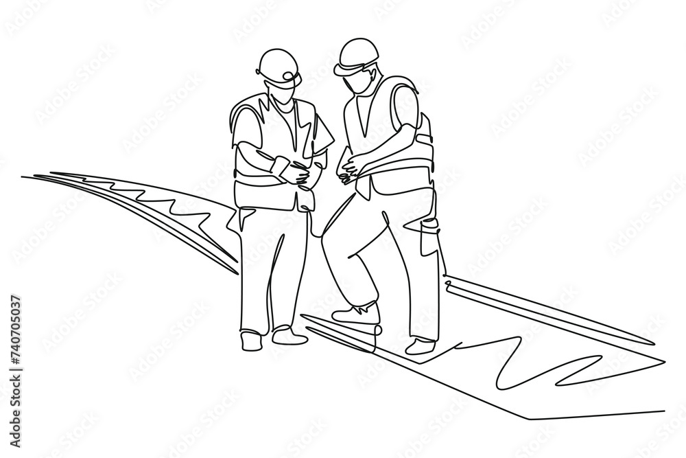 single one line drawing of rail workers cordinating. all about station and train activity. Simple line, train activity.