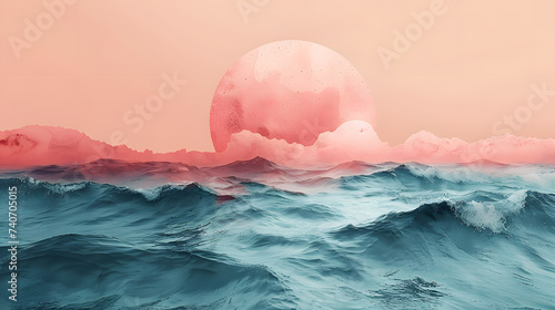 Mystical Ocean Waves Under a Pink Full Moon: A Serene and Magical Seascape