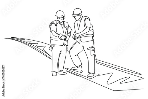single one line drawing of rail workers cordinating. all about station and train activity. Simple line, train activity.