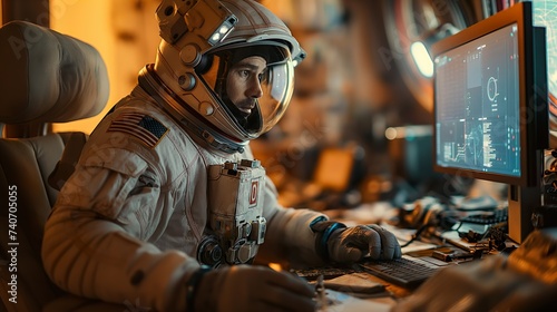 The Commander Of The Astronaft Ship In A Spacesuit Sits In Front Of The Monitor Generative AI