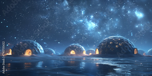 A snow igloo with the sun setting behind it, A snow igloo with the stary night, snow igloo under illuminated sky