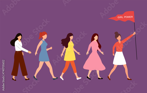Group of women walking in flat design. Girl power concept vector illustration. Strong, strength women.