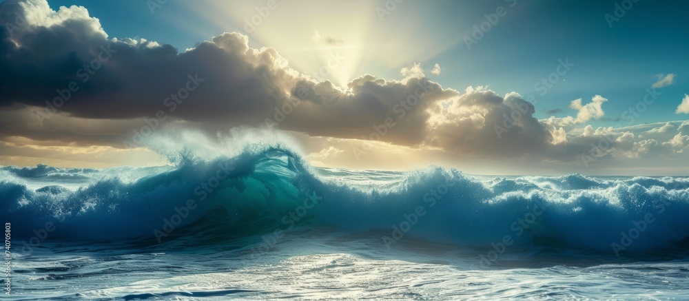 Giant majestic wave crashing in the deep blue ocean under clear sky
