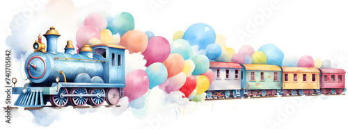 Watercolor train with party balloons kid illustration photo