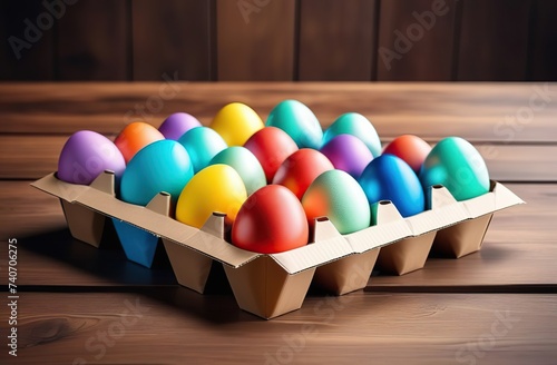 A shipping carton with colored easter eggs on the wooden table. 3d illustration