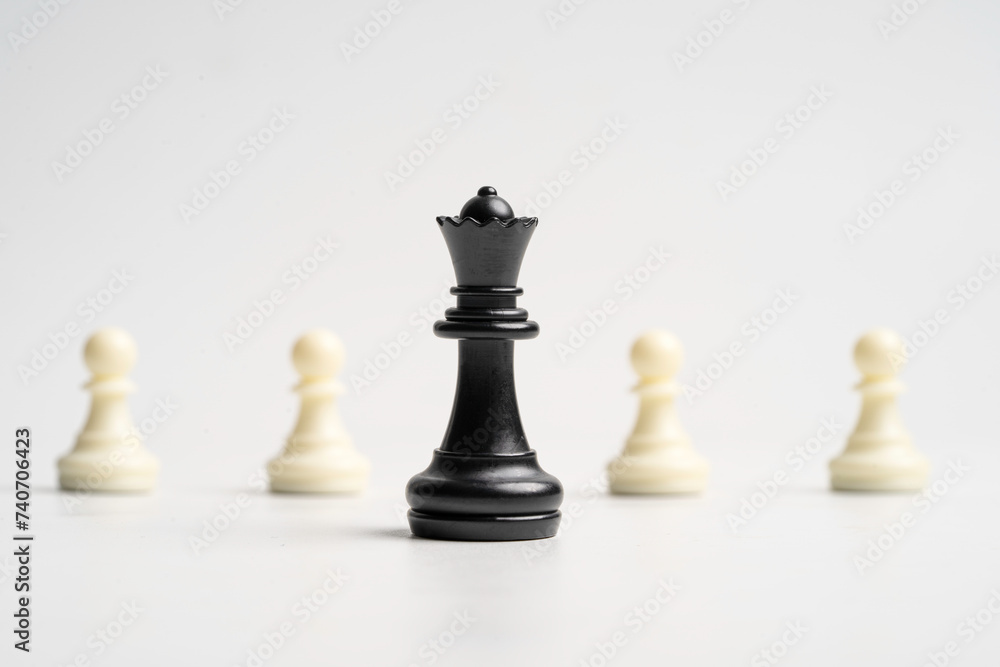 Black queen chess standing in front of white pawn chess for leadership concept. Black queen chess standing in front of white pawn chess for leadership concept.