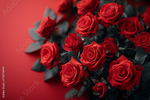 Bouquet of red roses on deep red background