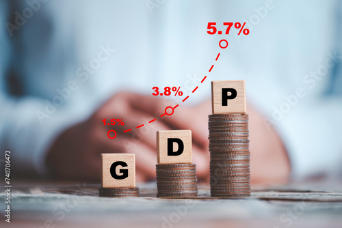 GDP or Gross Domestic Product wording on increase coins stacking and percentage symbol for economic growth and country development concept. photo