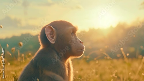 monkey in a field. 4k video animation photo