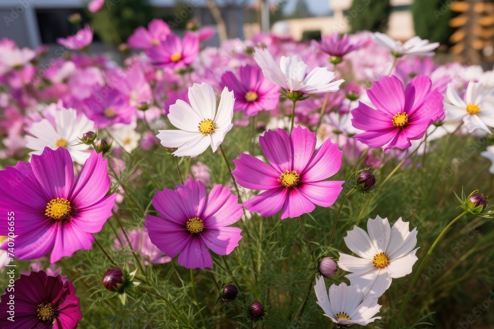 Sun-Kissed Cosmos Blooms Basking in Warm Evening Light - Generative AI Sun-Kissed Cosmos Blooms Basking in Warm Evening Light - Generative AI