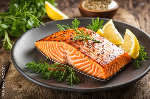 Grilled Salmon Steak on Plate with Lemon and Fresh Herb
