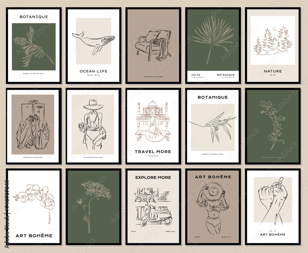 Fototapeta premium Abstract travel and floral poster set. Modern trendy minimal style. Floral, landmarks, woman portrait. Hand drawn design for wallpaper, wall decor, print, postcard, cover, template, banner.