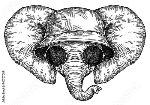 Fototapete Vintage engraving isolated elephant glasses dressed fashion set illustration ink sketch
