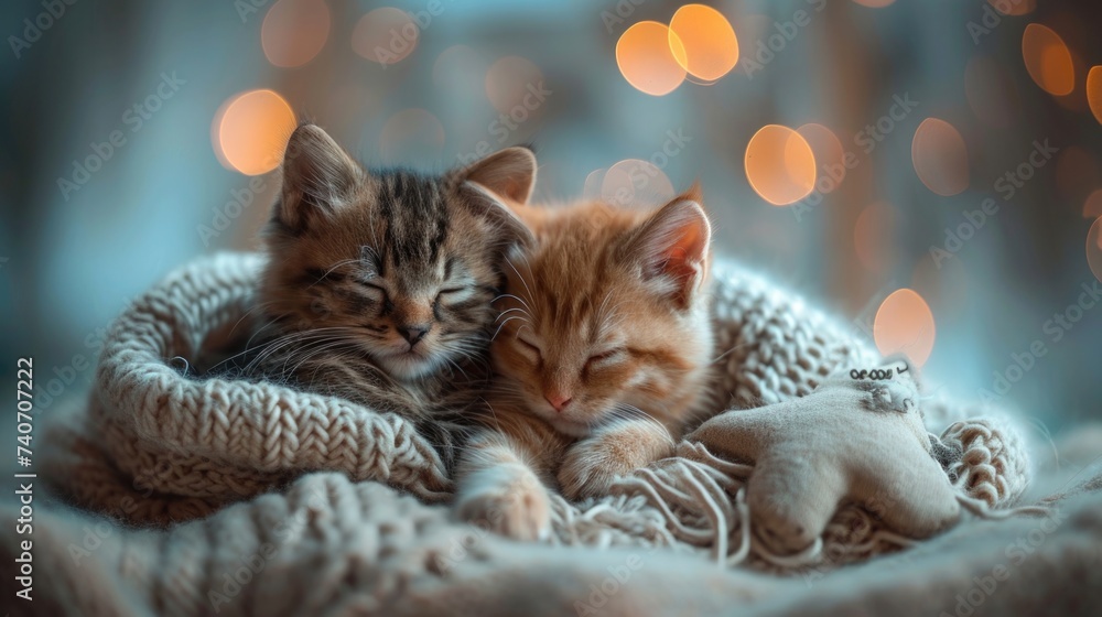 cat on a bed, adorable kitten and puppy sleeping on blurred background with bokeh light