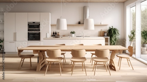 An eat-in kitchen interior design in modern scandinavian style with big wooden table and chairs against light wood floor, bright white walls and furnitures with TV, appliances and hanging light bulbs