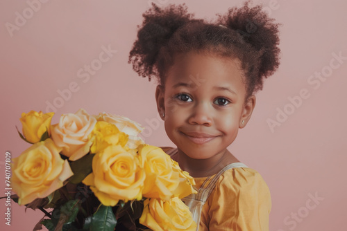 niña afroamericana sonriente peinada con trenzas sosteniendo entre sus brazos un ramo de rosas amarillas, sobre fondo rosa claro pastel photo