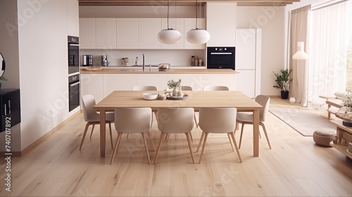 An eat-in kitchen interior design in modern scandinavian style with big wooden table and chairs against light wood floor, bright white walls and furnitures with TV, appliances and hanging light bulbs