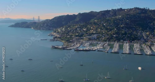 Aerial: Downtown waterfront of sausalito, Marin near San Francisco, California, USA.