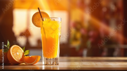 Juice from a ripe orange on a light background. A refreshing soft drink, lemonade or smoothie in a glass.A healthy organic drink. Proper nutrition and diet.