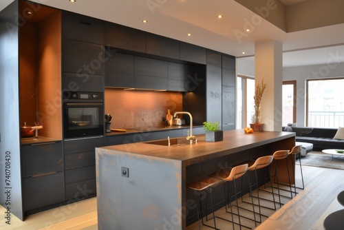 The photo shows a modern high-tech kitchen. The main attraction is the large kitchen island with integrated stove and sink  framed by stylish chairs with metal legs. 