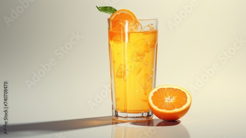 Juice from a ripe orange on a light background. A refreshing soft drink, lemonade or smoothie in a glass.A healthy organic drink. Proper nutrition and diet.