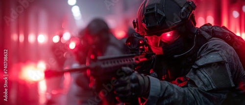 Special Forces Soldiers In Neon Lighting. Illustration On The Theme Of Troops And Weapons, Conflicts And Wars. Illustration on the theme of fantasy and cinema, comics and TV series. Generative AI 