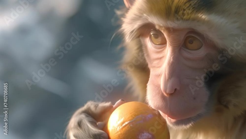 cute macaque monkey eating a fruit. 4k video animation photo