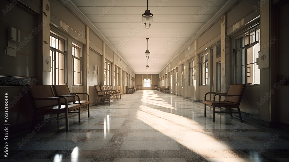 The reception area in the spacious room at the end of the long hospital corridor came to life using V-Ray rendering and volumetric lighting for increased depth and authenticity. - obrazy, fototapety, plakaty 