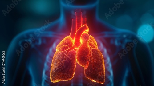 3D image of human lungs. A futuristic image of the human respiratory system on a transparent background of a male torso. Holographic 3D image of the internal organs of the human respiratory system. 