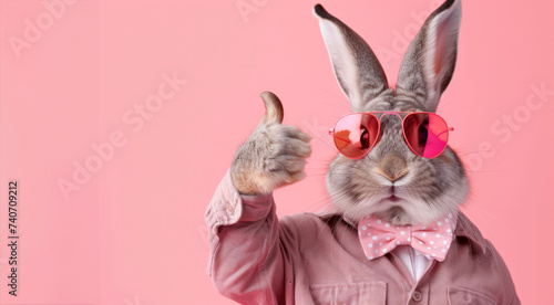 A large Easter bunny wearing a shirt and a bow tie shows his thumb. A hare wearing sunglasses looks at the camera on a pink background. Banner. Place for text