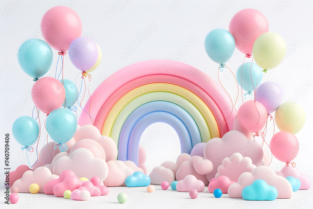 3D Colorful rainbow clouds and Birthday balloons arc podium isolated on white background
