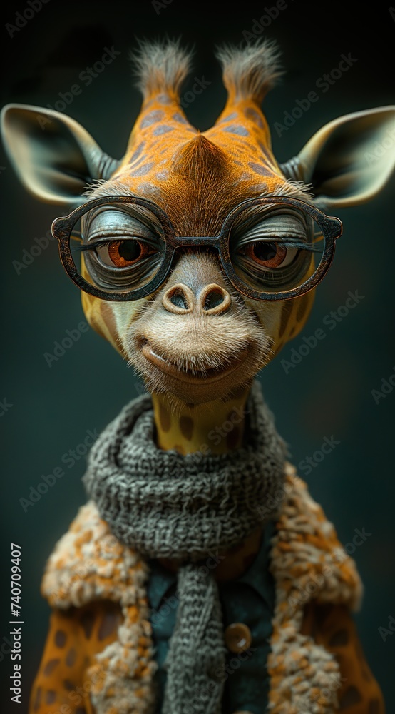Giraffe In A Fashionable Jacket. Illustration On The Theme Of Cartoons And Comics, Toys And Humor. Generative AI	
