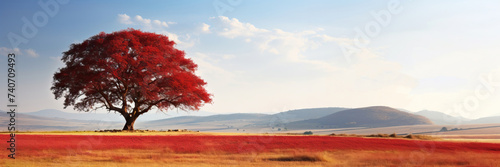 A single tree stands tall in a vast field, with majestic mountains towering in the distance. Natural landscape wallpaper background. Empty space and place for text