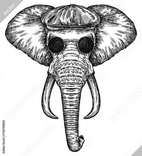 Vintage engraving isolated elephant glasses dressed fashion set illustration ink sketch. African bishop background animal silhouette sunglasses hipster hat art. Black and white hand drawn vector image