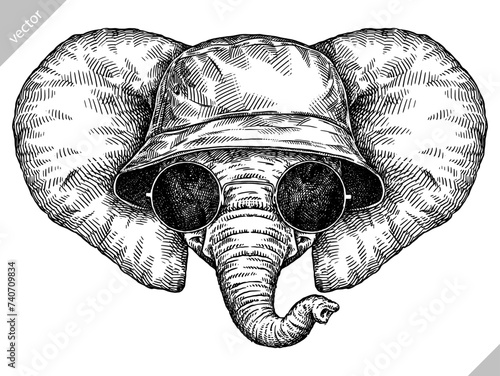 Vintage engraving isolated elephant glasses dressed fashion set illustration ink sketch. African bishop background animal silhouette sunglasses hipster hat art. Black and white hand drawn vector image