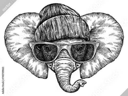 Vintage engraving isolated elephant glasses dressed fashion set illustration ink sketch. African bishop background animal silhouette sunglasses hipster hat art. Black and white hand drawn vector image