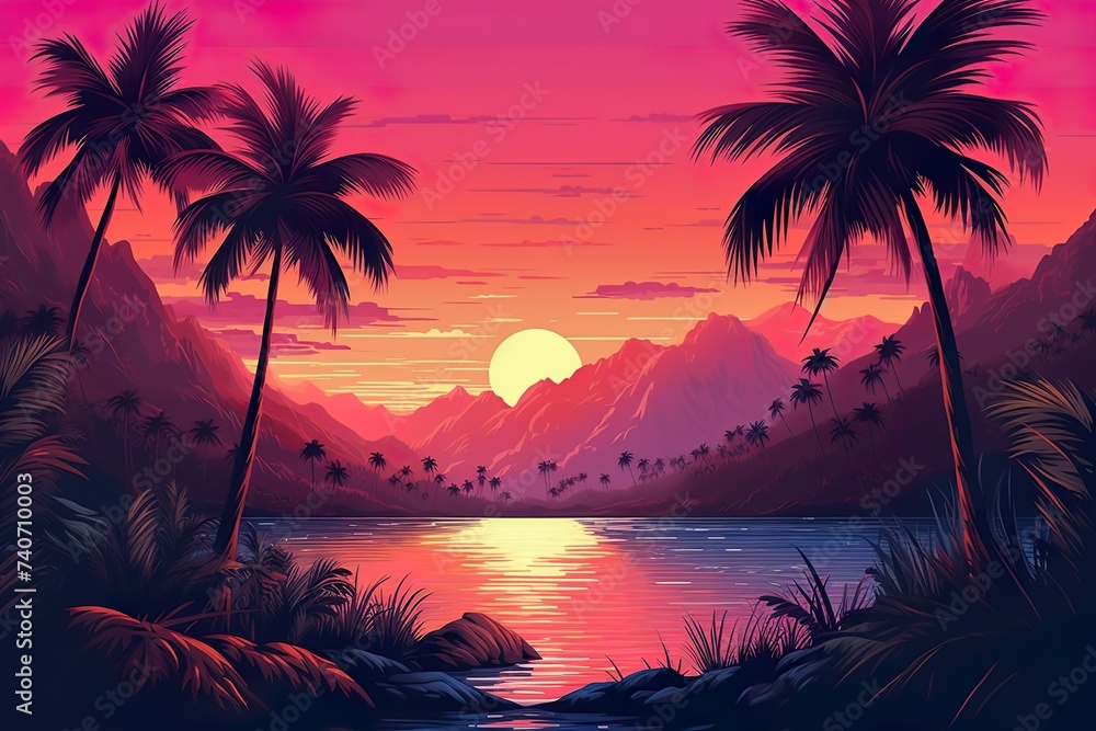 Silhouette of palm tree  Panorama of sunset of tropical coastline Purple sunset with clouds Violet sunset  