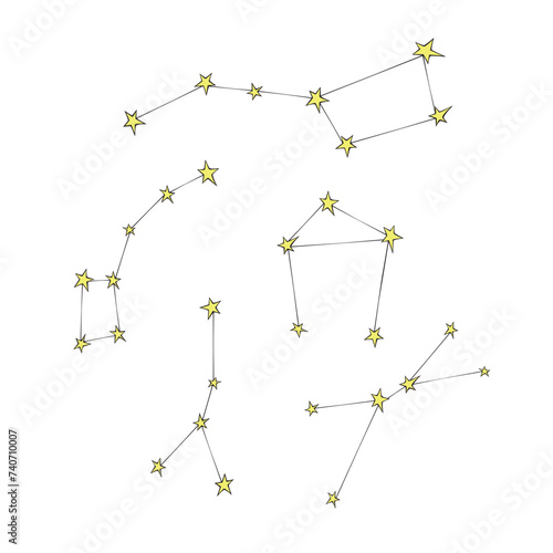 Vector abstract constellations in doodle flat style. Simple color design element, clip art on theme of cosmos, astronomy, kids design
