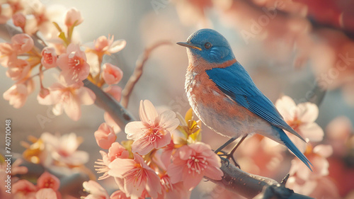 A charming bluebird sings sweetly from its perch on a blooming cherry blossom tree, filling the air with its melodious tune. 